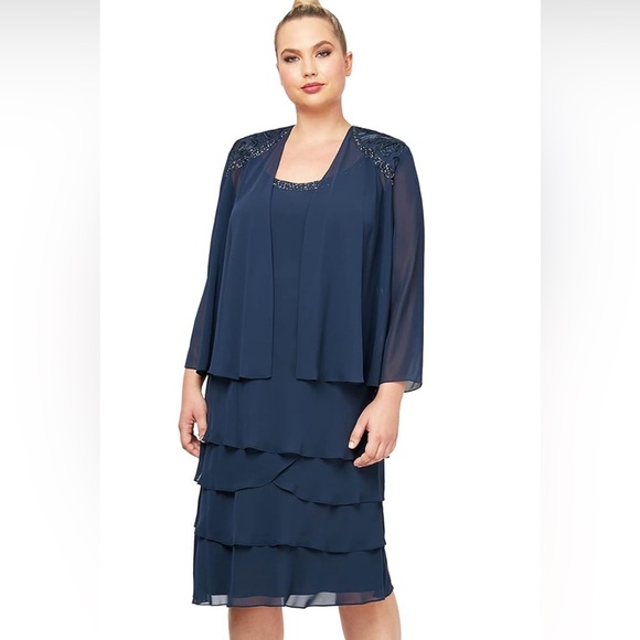 S.L. Fashions Womens Plus Size Embellished Tiered Jacket Dress Size 16 - Picture 2 of 14